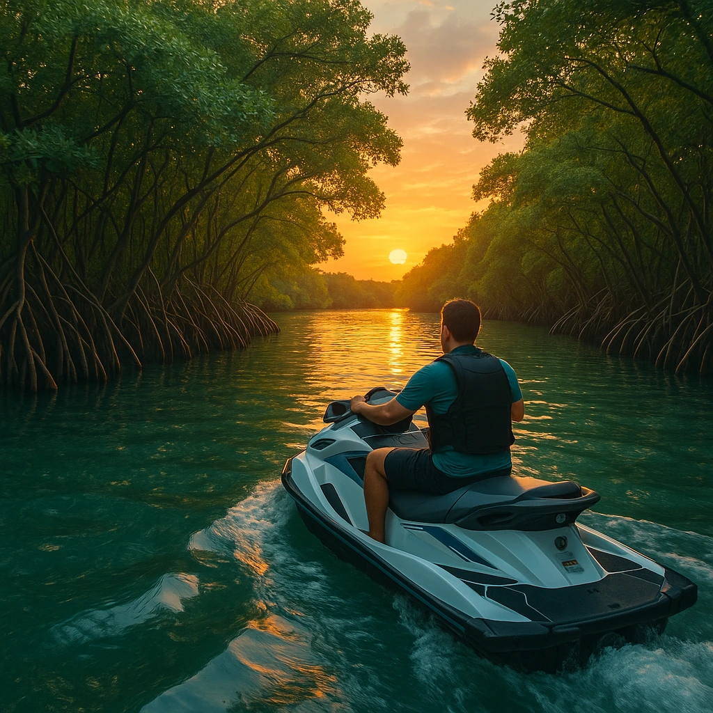 Homme en jet ski dans la mangrove de Guadeloupe au coucher du soleil, entre les palétuviers