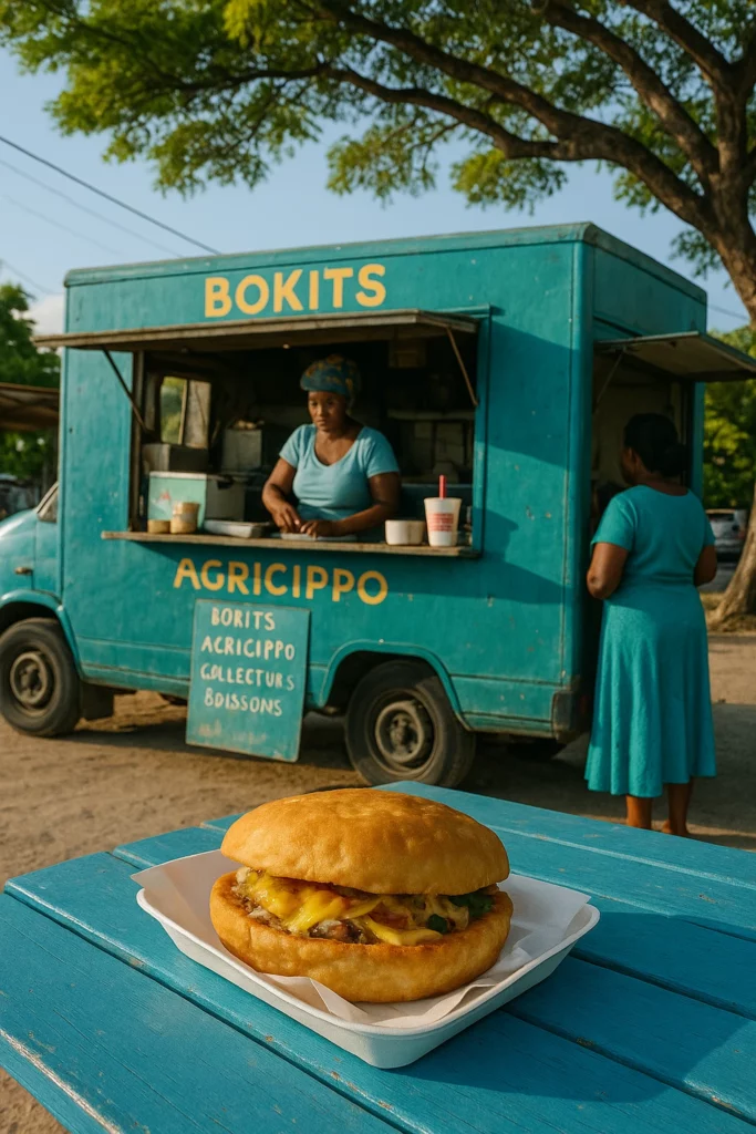 Bokit créole servi dans un food truck en Guadeloupe, plat emblématique de la cuisine de rue locale