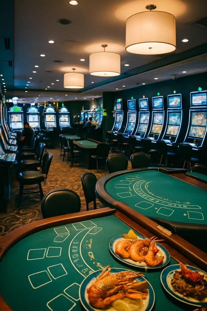 Casino en Guadeloupe avec machines à sous et assiettes de cuisine créole sur table de blackjack.