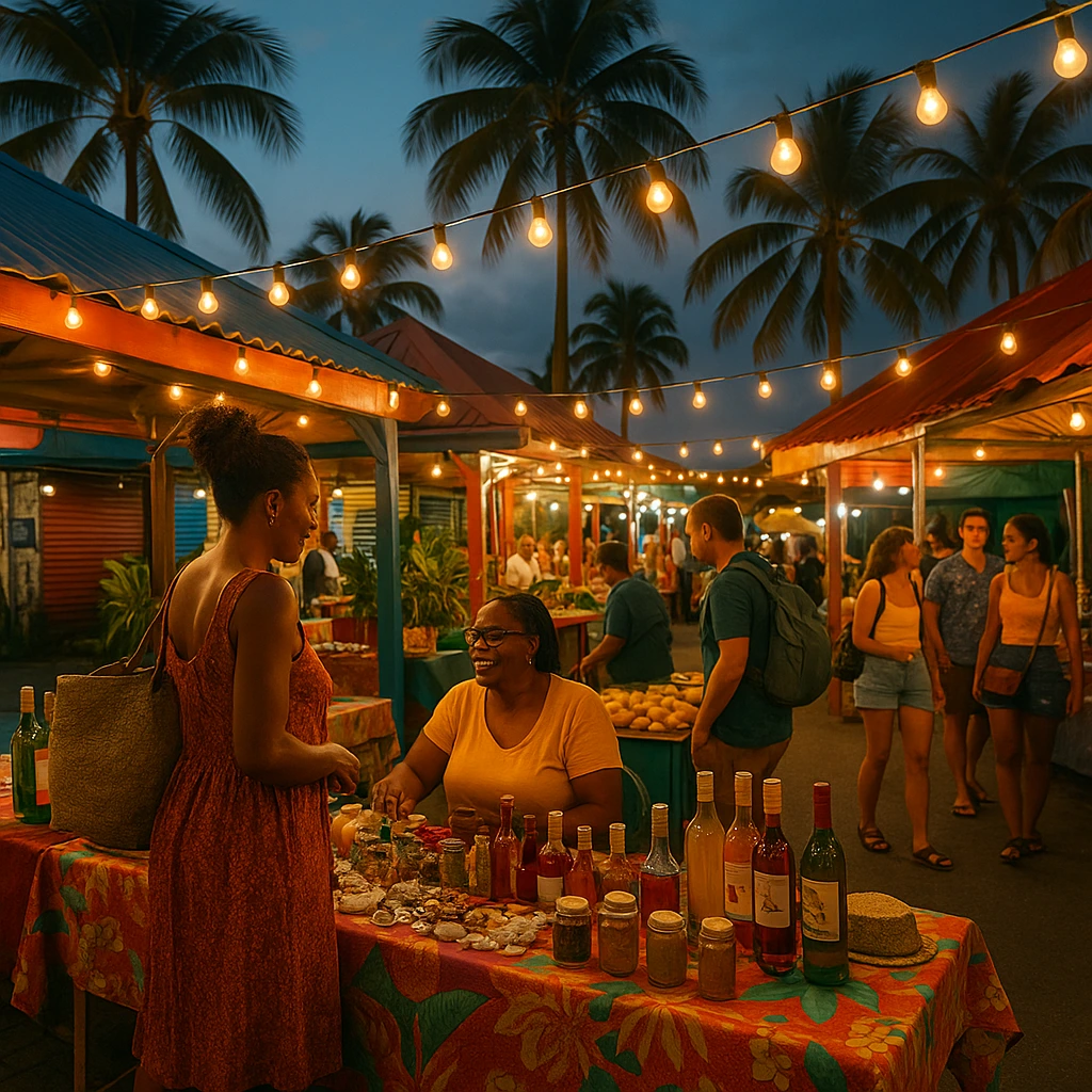 Marché nocturne en Guadeloupe avec étals de produits locaux, punchs artisanaux et spécialités créoles
