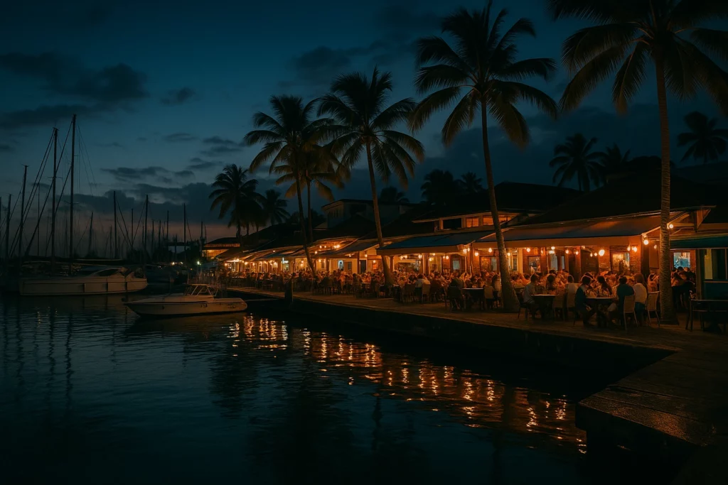 Marina de Saint-François en Guadeloupe de nuit, ambiance animée avec bars en bord de port