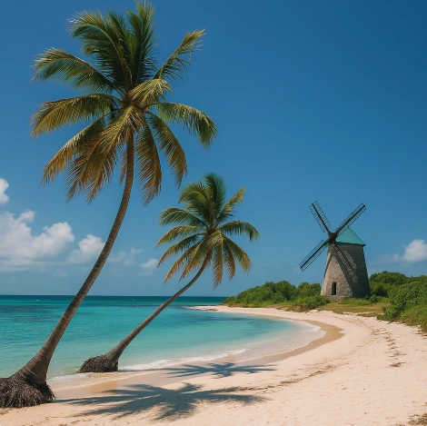 Plage de Marie-Galante en Guadeloupe avec moulin traditionnel et palmiers en bord de mer