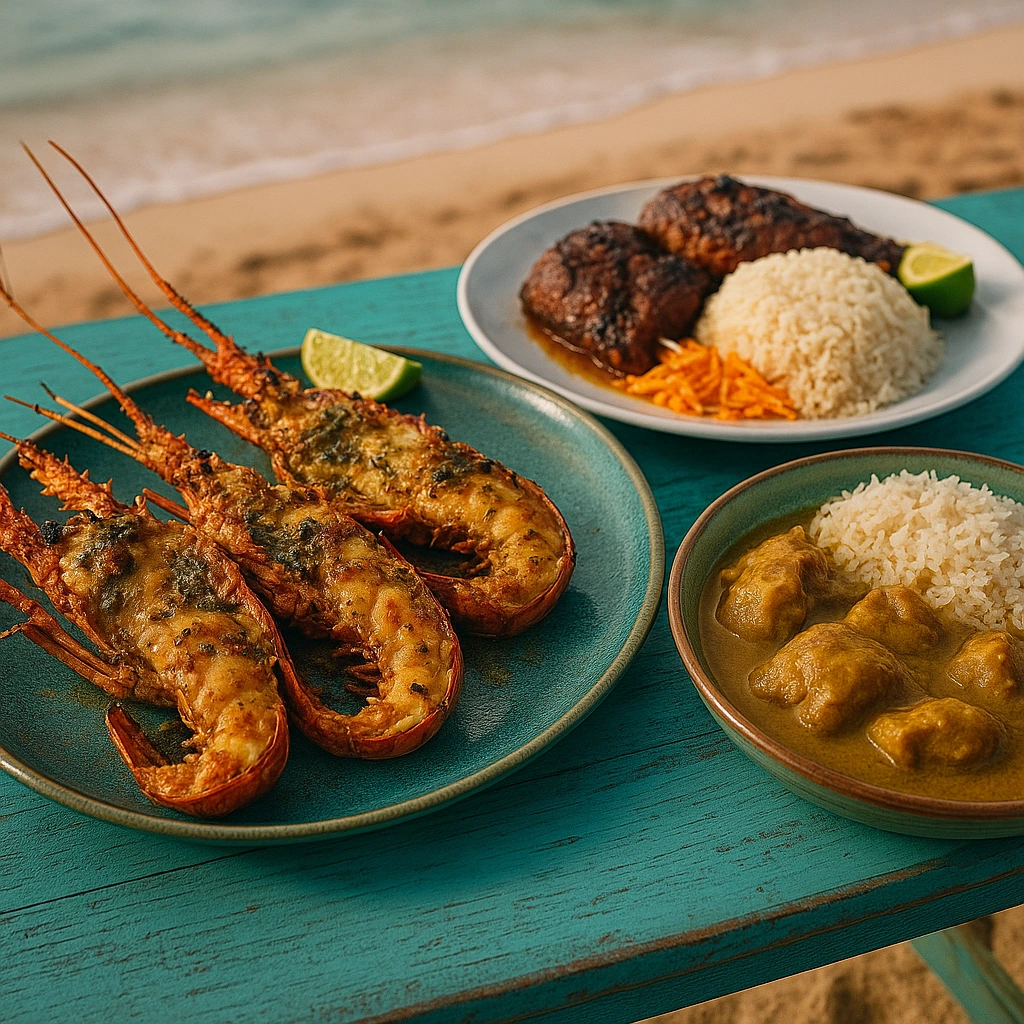 Assiette de langouste grillée, poulet boucané et colombo sur une table face à la plage en Guadeloupe