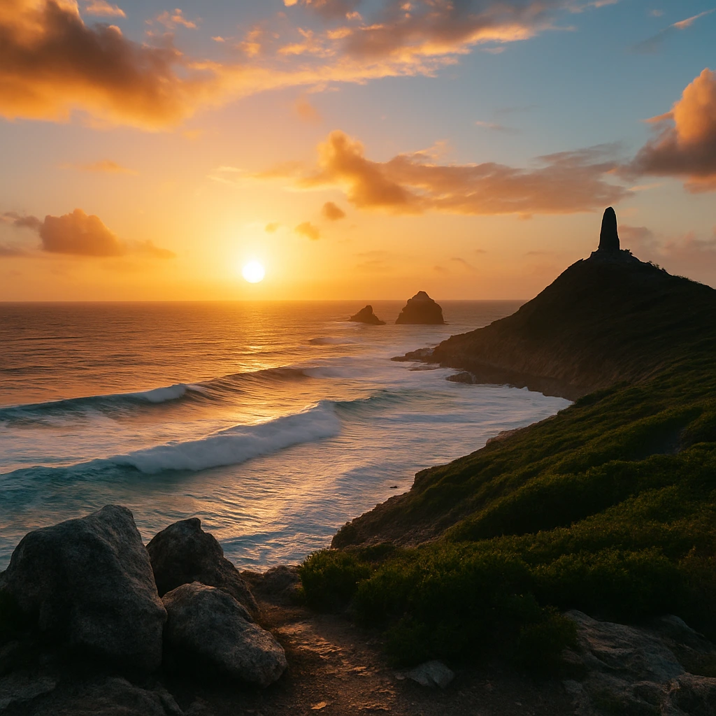Lever de soleil à la Pointe des Châteaux en Guadeloupe avec vue sur l’océan et rochers emblématiques