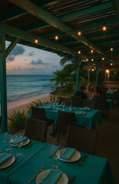 Restaurant en bord de mer à Saint-François en Guadeloupe, dîner au coucher du soleil face à l’océan