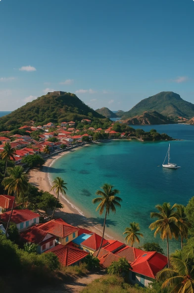 Vue panoramique sur Les Saintes depuis le Fort Napoléon, avec plage, mer turquoise et toits rouges typiques de la Guadeloupe.